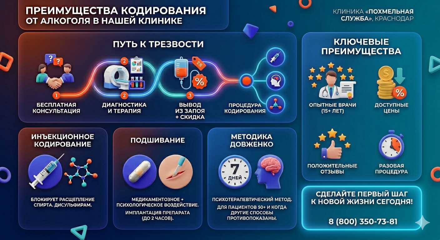 Инфографика о методах кодирования от алкоголя в Хасавюрте: инъекции, подшивание, метод Довженко. Преимущества клиники и этапы лечения.